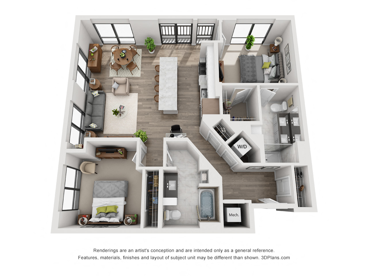 Floor plan for 2 beds, 2 baths, 1173 sqft